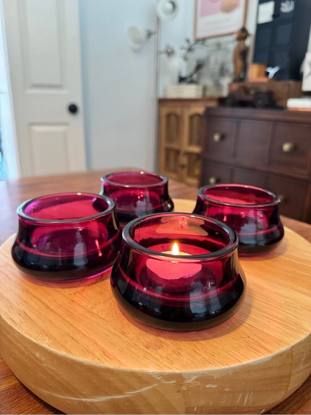 Vintage Ikea Maroon Glass Candle Holders, Set of 2